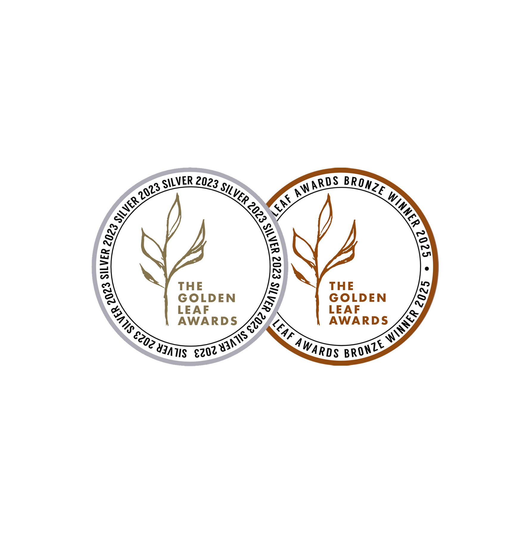Two Golden Leaf Awards stamps, one silver and one bronze, on a white background.