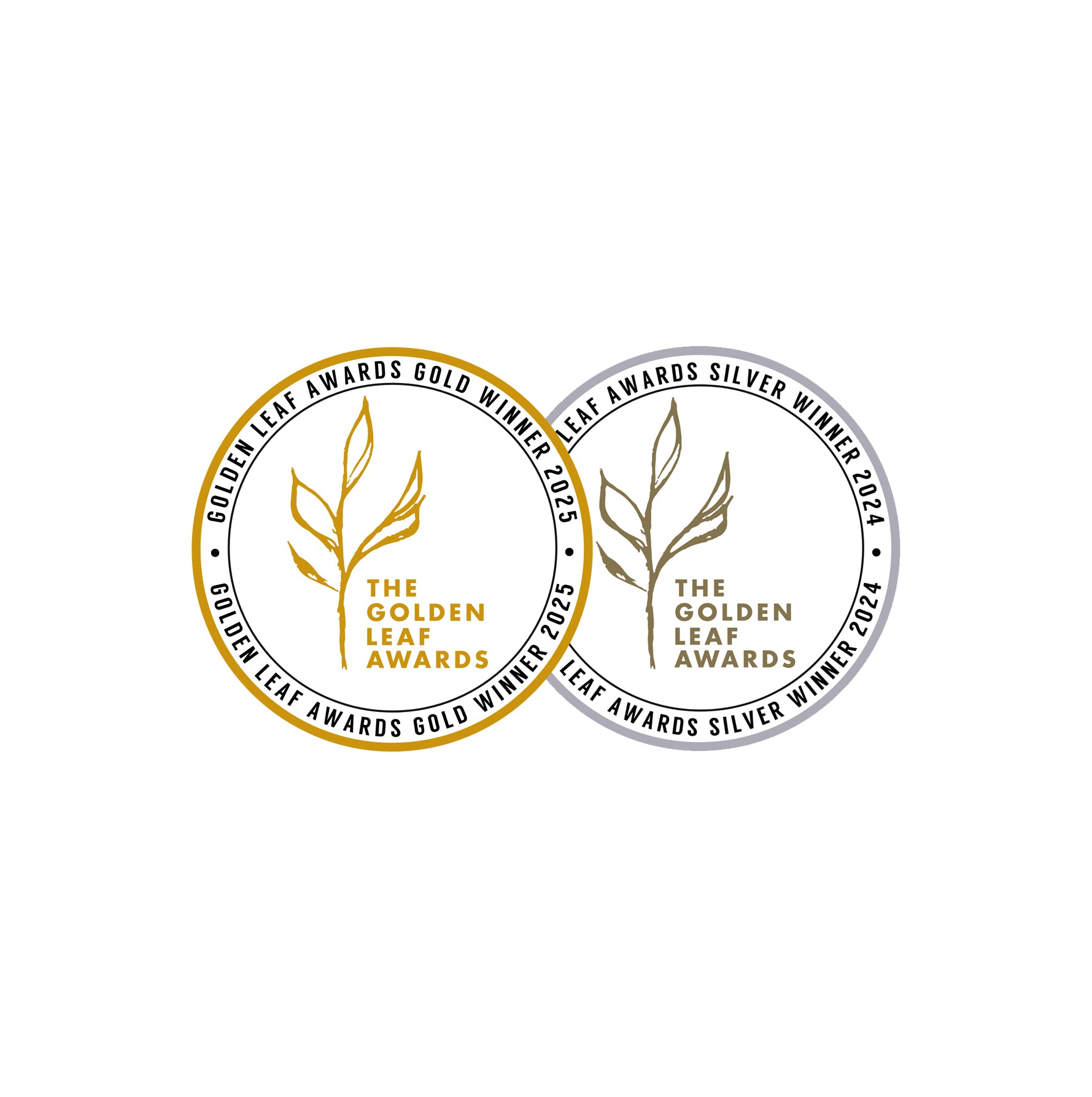 Two awards badges for 'Gold Winner' and 'Silver Winner' of the Golden Leaf Awards on a white background.